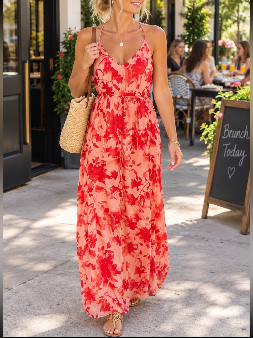 Gibson*Latimer Coral Red Floral V-Neck Halter Maxi Dress. Size XXL.